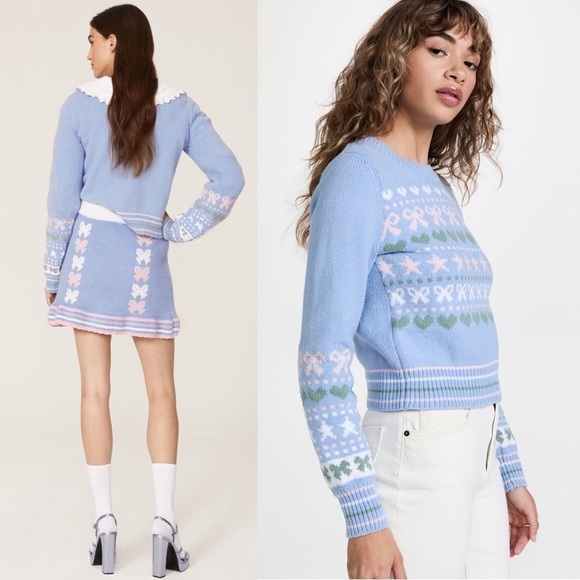 LOVESHACKFANCY 90s Pastel Heart Bow Fair Isle Knit Pullover Cropped Sweater XL - Picture 6 of 16